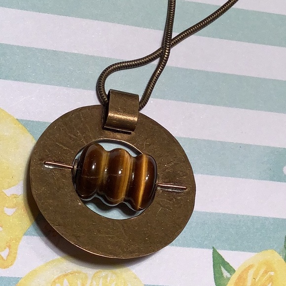 BAER SF (MARJORIE BAER) Handmade Modernist Textured Brass Amber Bead Pendant - Picture 5 of 5